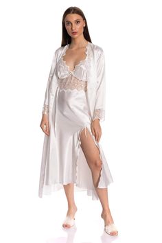 Satin nightwear set with Nightdress, Dressing Gown, Babydoll, Shorts, and Pajamas in total it is 6 pieces all designed and manufactured to ensure a matching look. Made of finest, softest and smoothest satin fabric. It is great for gifting to loved ones or to feel gifted! There are two options for the color; pearl white and blush please specify your color preference. Satin Lace Trim Sets For Wedding Night, Satin Sets With Lace Trim For Wedding Night, Long Sleeve Lace Trim Sets For Wedding Night, White Satin Sleepwear Set, White Satin Bedtime Set, White Satin Sleepwear For Bedtime, Satin Open Front Sleepwear, Satin Sleepwear With Open Front, Open Front Satin Sleepwear