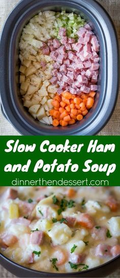 slow cooker ham and potato soup in a crock pot with text overlay