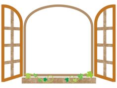 an open window with vines growing out of the windowsills and in between them is a white background