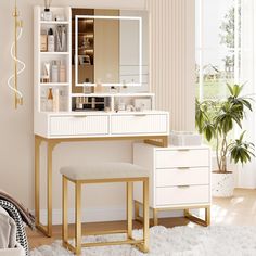 a bedroom with a vanity and stool in it