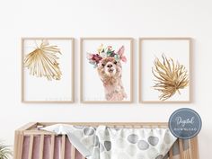 a baby's room with three pictures hanging on the wall