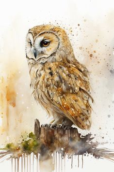 an owl sitting on top of a wooden post in front of watercolor paint stains