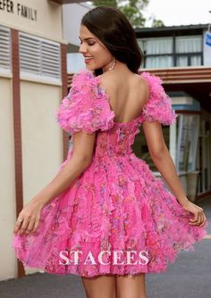 A-line Sweetheart Short Sleeve Short/Mini Tulle Homecoming Dress with Ruffles - Homecoming Dresses - Stacees Homecoming Dresses With Ruffles And Short Sleeves, Short Sleeve Homecoming Dresses With Ruffles, Pink Ruffled Mini Dress For Banquet, Pink Ruffled Mini Dress For Banquets, Sweetheart Neckline Mini Dress With Ruffles For Banquet, Banquet Mini Dress With Sweetheart Neckline And Ruffles, Sweetheart Neckline Mini Dress With Ruffles In Organza, Organza Mini Dress With Sweetheart Neckline And Ruffles, Fitted Pink Tulle Mini Dress