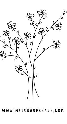 a black and white drawing of a tree with flowers