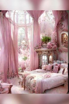 a bedroom decorated in pink and white with flowers on the walls, bedding and curtains