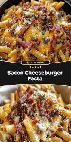 Bacon cheeseburger casserole, one pot bacon cheeseburger pasta, cheeseburger pasta bake, bacon cheeseburger mac and cheese, creamy bacon cheeseburger pasta, easy bacon cheeseburger pasta Quick And Easy Dinner Recipes With Bacon, Ground Beef And Bacon Recipes, Hamburger Pasta, Classic Cheeseburger, Cheeseburger Pasta, Bacon Cheeseburger, Dinner This Week, Dinner Options, Creamy Cheese