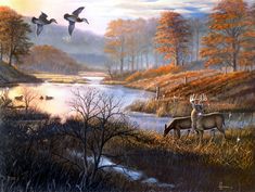 a painting of two deer in the woods near a lake with ducks flying over it