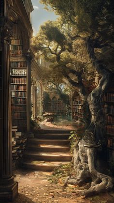 an old library with stairs leading up to the bookshelves and trees on either side