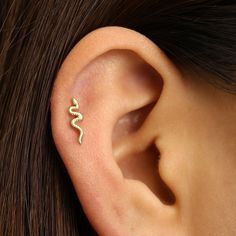 a woman's ear with a small gold snake on it