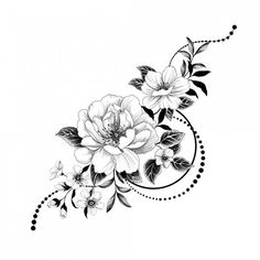 a black and white drawing of flowers with swirls on the bottom half of it