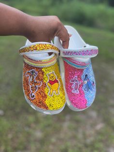 Customized Crocs by Majorbandscharms. Made to order. Bling Items, Cool Crocs, Croc Decorations, Bling Crocs, Bedazzled Shoes, Custom Sneakers Diy, Custom Crocs, Decorations Bedroom, Christmas Decorations Bedroom