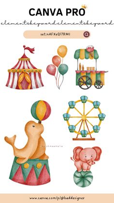 watercolor circus clipart set with an elephant, ferris wheel and other items in the background