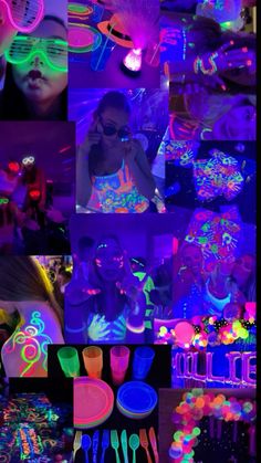 a collage of photos with neon colors and glow in the dark, including plastic utensils