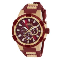 This eye-catching Invicta watch from the Aviator collection is powered by an accurate Quartz movement, with a gold case. Its face is decorated by a red, metal dial, and protected by a sturdy Flame Fusion Crystal. A red, gold, silicone, stainless steel band completes this timepiece that can resist water for up to 200 m. Invicta Aviator has been cleared for takeoff. Ready to roll with full throttle, carrying designs honoring aeronautical graphic history, each timepiece is a delicate machine waitin Red Chronograph Watch With Metal Dial, Red Modern Chronograph Watch With Metal Dial, Red Watches With Tachymeter And Round Dial, Red Watch With Tachymeter And Round Dial, Red Chronograph Watch With Tachymeter, Luxury Red Chronograph Watch With Round Dial, Luxury Red Automatic Chronograph Watch, Luxury Red Watch With Tachymeter, Mens Invicta Watches