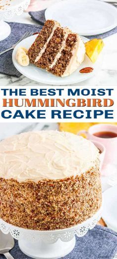 the best most hummingbird cake recipe is on display in front of two plates with one slice cut out