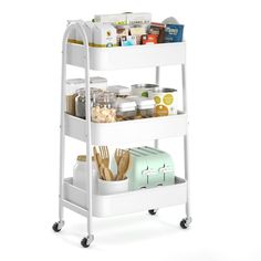 a white trolley with food and drinks on it's wheels, against a white background