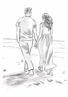 a man and woman walking on the beach holding hands