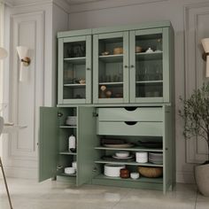 a green cabinet with glass doors in a white room next to a potted plant