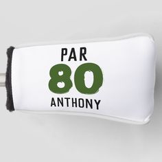 a white and black pillow with the words par 80 anthony on it's side