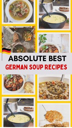 Collage of various German soups with a banner reading "Absolute Best German Soup Recipes" in bold text. German Soup Recipes, German Soups, German Soup, Soup With Egg, German Potato Soup, Best German Food, Goulash Soup, German Christmas Food, Sauerkraut Soup