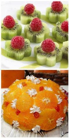 there are many different pictures of fruit on the plate and in the middle one is a cake