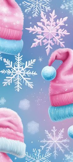 a blue and pink background with snowflakes and santa hats on it's sides