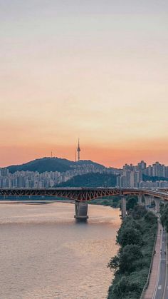 a bridge that is over some water with buildings in the back ground and trees on both sides