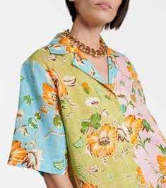 Multicolor Linen Tops For Spring, Summer Linen Patchwork Tops, Short Sleeve Linen Blouse With Floral Print, Vacation Linen Blouse With Floral Print, Floral Silk Shirt, Knit Dresses, Floral Patchwork, Tropical Flower, Printed Linen