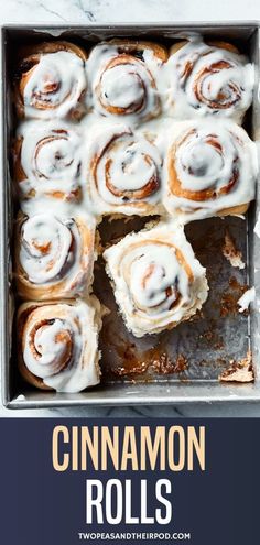 cinnamon rolls in a pan with icing on top and the title overlay reads, how to make cinnamon rolls