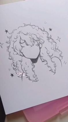 a drawing of a woman's hair with stars on it and pink envelopes