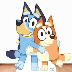 two cartoon dogs hugging each other in front of a white wall and wood flooring