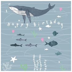 a birthday card with an image of a humpback whale in the ocean surrounded by fish