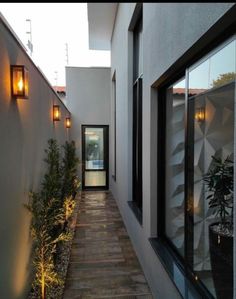 a long narrow walkway between two buildings with lights on each side and potted plants in the middle