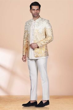 Expertly crafted with thread work, our Mens Bandhgala M42-S89 adds a touch of sophistication to any occasion. The open jacket design allows for easy movement, making it a comfortable and stylish option. Elevate your wardrobe with this statement piece. Jodhpuri Jacket Men, Mtv Outfits, Bandgala For Men, Mens Bandhgala, Open Jodhpuri, Bandhgala Suit Men, Jodhpuri Suits For Men Latest, Jodhpuri Suits For Men Wedding, Gupta Ji