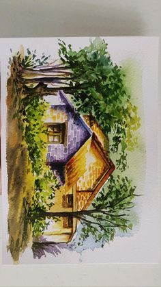 a watercolor painting of a house surrounded by trees