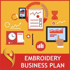 an embroiderry business plan is shown with icons and symbols around it, including a tablet