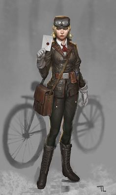 a drawing of a woman in uniform holding a cell phone and standing next to a bicycle