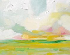 an abstract painting of green, yellow and white clouds in the sky over a body of water