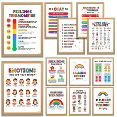 the feelings and emotions posters are displayed in wooden frames