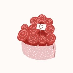 a bunch of red roses in a pink hat with a heart on the tag and polka dots