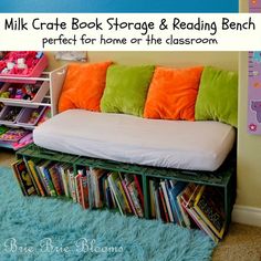 a book storage bench with books on it in a child's room or playroom