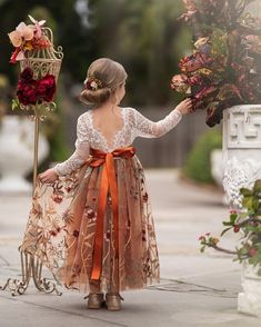 #Autumn #Wedding #Inspiration Burn Orange Flower Girl Dress, Boho Wedding Flower Girl Dress, Flower Girl Fall Dresses, Flower Girl Boho Dress, Burnt Orange Ring Bearer Outfit, Flower Girl Fall Wedding, Terracotta Flower Girl Dress, Burnt Orange Flower Girl Dresses, Western Flower Girl Dresses