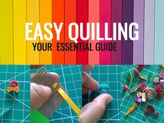 a person holding a pencil next to a rainbow colored background with the words easy quilting your essential guide