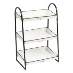 three tiered metal shelf with white shelves