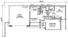 the floor plan for a two story house with an attached garage and living room area