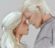 a drawing of two people with white hair and one is holding the other's head