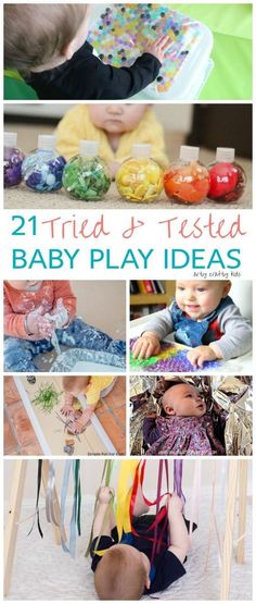 baby play ideas for babies and toddlers with text overlay that reads, 21 tried tested baby play ideas