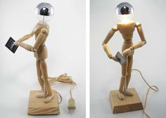 two images of a wooden mannequin with an electronic device