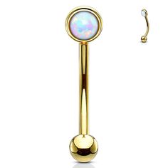 a gold plated belly ring with an opal stone in the center and a ball at the end