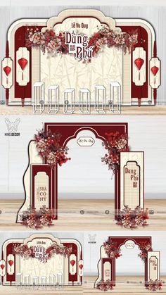 an image of a set of red and white wedding archs with flowers on them